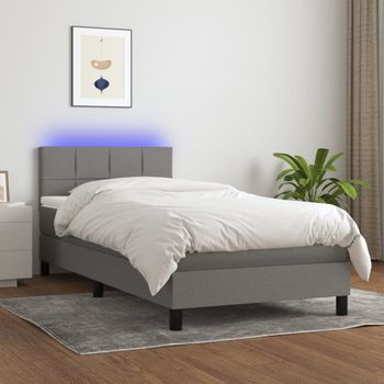 Cama Box Spring Colchón Y Luces Led Tela Gris Oscuro 90x200 Cm