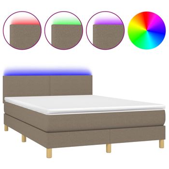 Cama Box Spring Colchón Y Luces Led Tela Gris Taupe 140x190 Cm