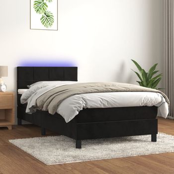 Cama Box Spring Colchón Y Led Terciopelo Negro 90x190 Cm