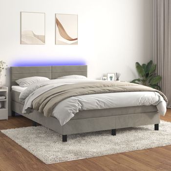 Cama Box Spring Colchón Y Led Terciopelo Gris Claro 140x200 Cm