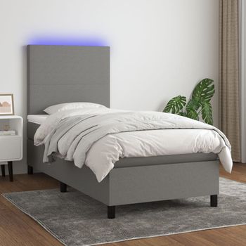 Cama Box Spring Colchón Y Luces Led Tela Gris Oscuro 80x200 Cm