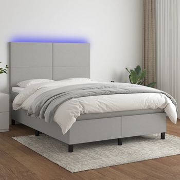 Cama Box Spring Colchón Y Luces Led Tela Gris Claro 140x190 Cm