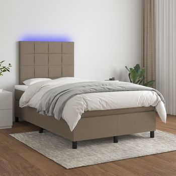 Cama Box Spring Con Colchón Y Led Tela Gris Taupe 120x200 Cm