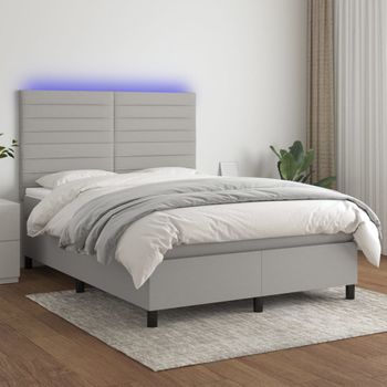 Cama Box Spring Colchón Y Luces Led Tela Gris Claro 140x200 Cm