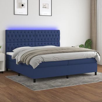 Cama Box Spring Colchón Y Luces Led Tela Azul 200x200 Cm