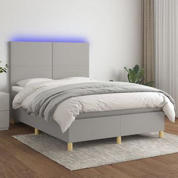 Cama Box Spring Colchón Y Luces Led Tela Gris Claro 140x190 Cm