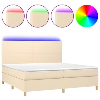 Cama Box Spring Colchón Y Luces Led Tela Crema 200x200 Cm