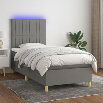 Cama Box Spring Colchón Y Luces Led Tela Gris Oscuro 90x190 Cm