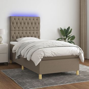 Cama Box Spring Colchón Y Luces Led Tela Gris Taupe 90x190 Cm