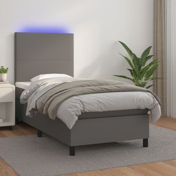 Cama Box Spring Y Colchón Led Cuero Sintético Gris 90x190 Cm