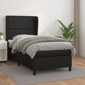 Cama Box Spring Con Colchón Cuero Sintético Negro 90x190 Cm