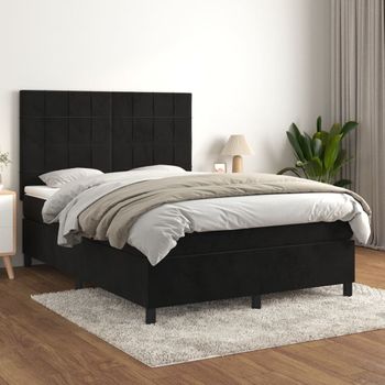 Cama Box Spring Con Colchón Terciopelo Negro 140x190 Cm