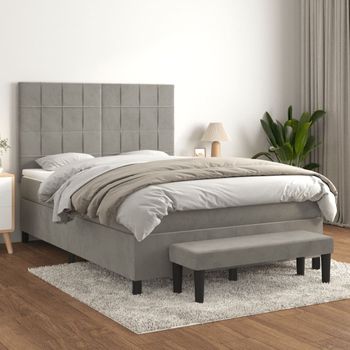 Cama Box Spring Con Colchón Terciopelo Gris Claro 140x200 Cm