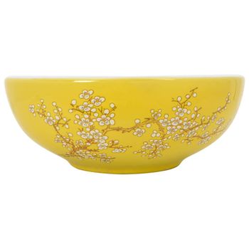 Lavabo Sobre Encimera Redondo Cerámica Blanco Amarillo Φ41x14cm Vidaxl