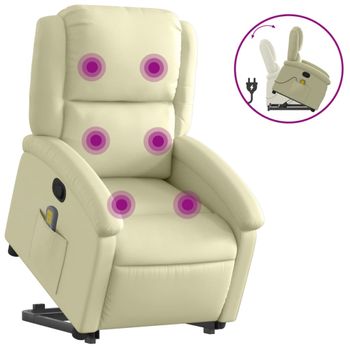 Sillón Reclinable De Masaje Elevable Cuero Auténtico Crema Vidaxl