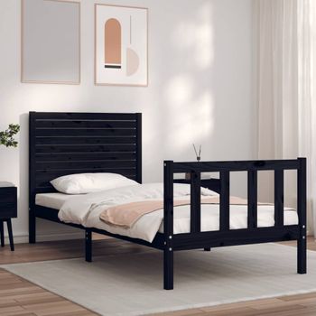 Estructura De Cama Con Cabecero Madera Maciza Negro 90x200 Cm