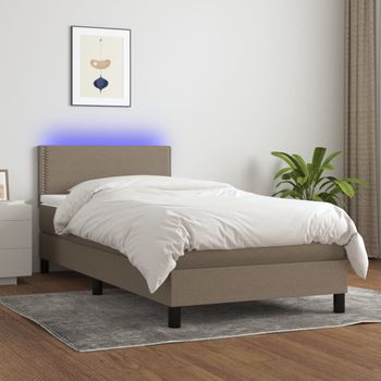 Cama Box Spring Colchón Y Luces Led Tela Gris Taupe 90x200 Cm