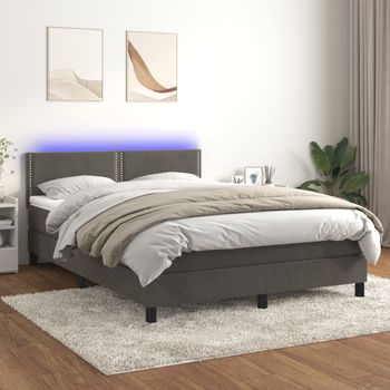 Cama Box Spring Colchón Y Led Terciopelo Gris Oscuro 140x190 Cm