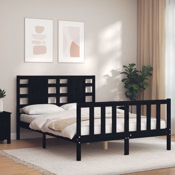 Estructura De Cama Con Cabecero Madera Maciza Negro 140x190 Cm