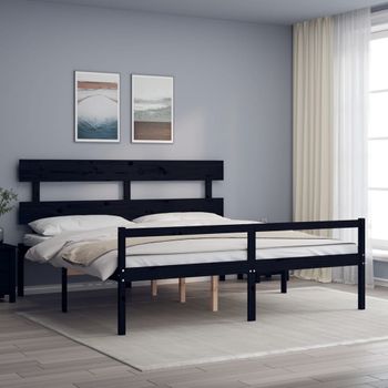 Cama Personas Mayores Cabecero Madera Maciza Negro 200x200 Cm