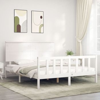 Estructura De Cama Con Cabecero Madera Maciza Blanco 160x200 Cm