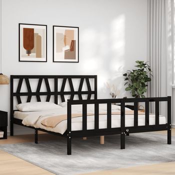 Estructura De Cama Con Cabecero Madera Maciza Negro 160x200 Cm