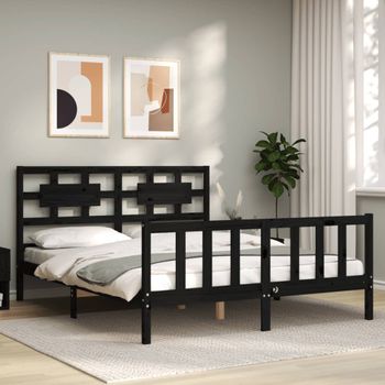 Estructura De Cama Con Cabecero Madera Maciza Negro 160x200 Cm