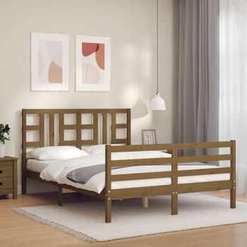 Estructura De Cama Matrimonio Con Cabecero Madera Marrón Miel