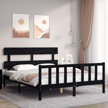 Estructura De Cama Con Cabecero Madera Maciza Negro 160x200 Cm