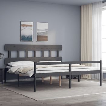 Cama Personas Mayores Cabecero Madera Maciza Gris 200x200 Cm