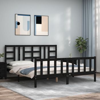 Estructura De Cama Con Cabecero Madera Maciza Negro 180x200 Cm