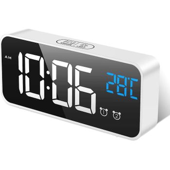 Reloj Despertador Digital, Ceramarble Furni, Reloj Despertador Digital Con Espejo Matutino Led Y Pantalla Grande Con Temperatura/repetición/2 Alarmas