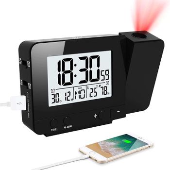 Reloj Despertador Con Proyector Y Pantalla Led, Ceramarble Furni, Reloj Giratorio De Temperatura Y Humedad Con Luz De Fondo A Pilas