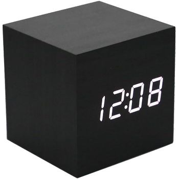 Reloj Despertador De Madera, Ceramarble Furni, Mini Reloj Digital Con Pantalla De Temperatura Y Hora, 3 Niveles De Brillo Negro_blanco