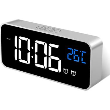 Reloj Despertador Digital, Ceramarble Furni, Reloj Despertador Matutino Con Espejo Led Y Pantalla Grande Con Temperatura Ajustable