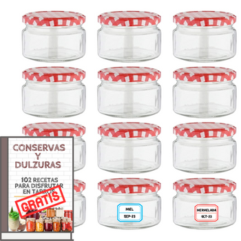 12 Tarros De Cristal Con Tapa De Rosca Hermética De 140 Ml + Ebook De 102 Recetas - Incluye Etiquetas