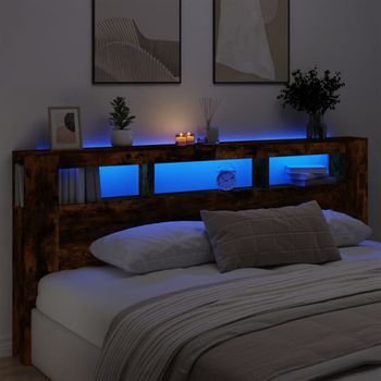 Cabecero Cama | Panel De Cabecera Led Madera Ingeniería Roble Ahumado 220x18,5x103,5 Cm Cfw239185