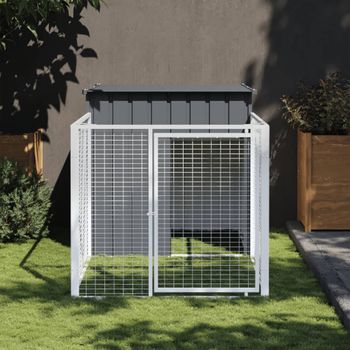 Caseta Perros | Perrera Exterior Con Corral Acero Galvanizado Gris 110x201x110 Cm Cfw750374