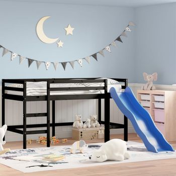 Cama Individual | Cama Infantil | Cama Alta De Niños Con Tobogán Madera Maciza Negra 90x190 Cm Cfw65533