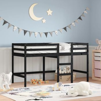 Cama Individual | Cama Infantil | Cama Alta De Niños Escalera Madera Maciza Pino Negra 80x200 Cm Cfw46608