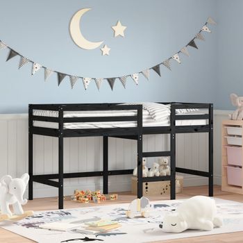 Cama Individual | Cama Infantil | Cama Alta De Niños Escalera Madera Maciza Pino Negra 90x200 Cm Cfw39959