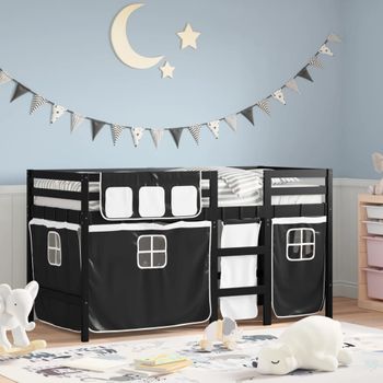 Cama Individual | Cama Infantil | Cama Alta Niños Con Cortinas Madera Pino Blanco Negro 90x190 Cm Cfw52341