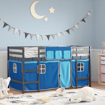 Cama Individual | Cama Infantil | Cama Alta Para Niños Con Cortinas Madera Pino Azul 80x200 Cm Cfw23844