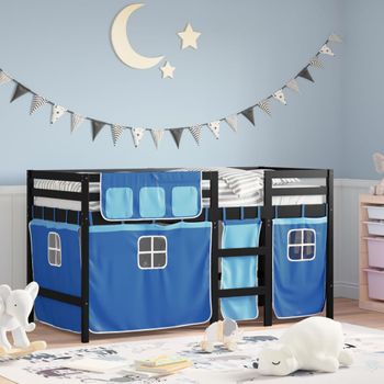 Cama Individual | Cama Infantil | Cama Alta Para Niños Con Cortinas Madera Pino Azul 80x200 Cm Cfw11916