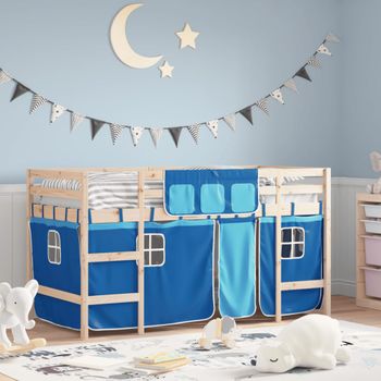 Cama Individual | Cama Infantil | Cama Alta Para Niños Con Cortinas Madera Pino Azul 90x190 Cm Cfw11938