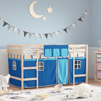 Cama Individual | Cama Infantil | Cama Alta Para Niños Con Cortinas Madera Pino Azul 90x200 Cm Cfw51497