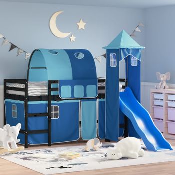 Cama Individual | Cama Infantil | Cama Alta Para Niños Con Torre Madera Pino Azul 80x200 Cm Cfw69356