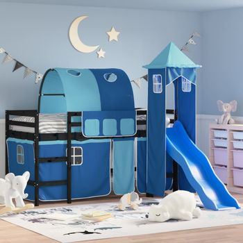 Cama Individual | Cama Infantil | Cama Alta Para Niños Con Torre Madera Pino Azul 90x190 Cm Cfw60549