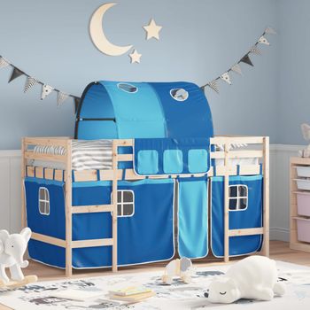 Cama Individual | Cama Infantil | Cama Alta Para Niños Con Túnel Madera Pino Azul 90x190 Cm Cfw34771