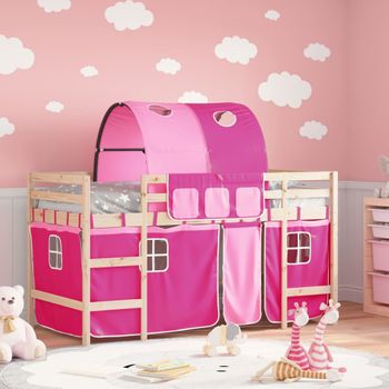 Cama Individual | Cama Infantil | Cama Alta Para Niños Con Túnel Madera Pino Rosa 90x190 Cm Cfw30282